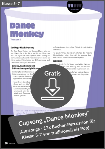 Gratis-Download: Cupsong „Dance Monkey“ (aus: Cupsongs für die Unterstufe)