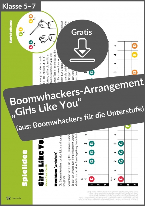 Gratis-Download: Boomwhackers-Arrangement „Girls Like You“, Maroon 5 (aus: Boomwhackers – 12 Mitspielsätze für die Klasse 5-7 von Rock bis Pop)