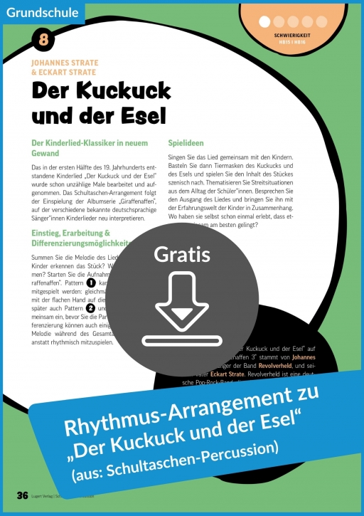 Gratis-Download: Percussion-Idee zum Kinderlied „Der Kuckuck und der Esel“ (aus: Schultaschen-Percussion. 12x Rhythmus mit Alltagsgegenständen von Kinderlied bis Pop)